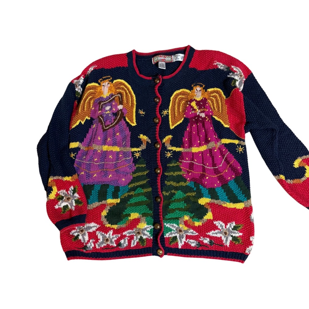 Cardigan Bay  Hand knit Angel Christmas Trees Knitted Sweater Navy Red Women 1X